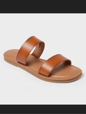 9.5 Universal Thread Freya Cognac Brown Faux Leather Flat Sandals 2 Straps